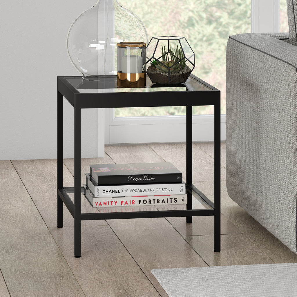 22" Black And Clear Glass And Steel Square End Table With Shelf-End-Side Tables-DECOROLALA