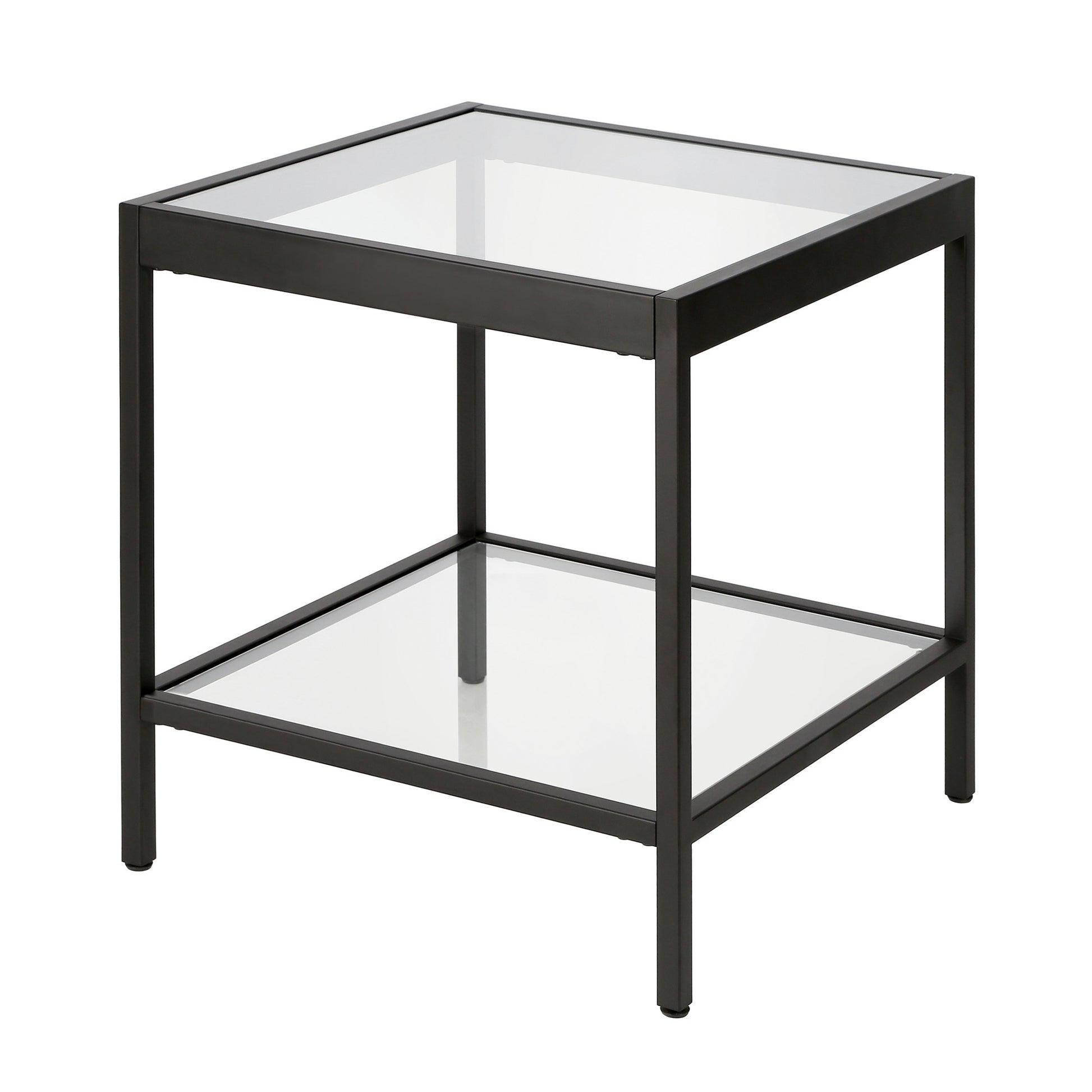 22" Black And Clear Glass And Steel Square End Table With Shelf-End-Side Tables-DECOROLALA