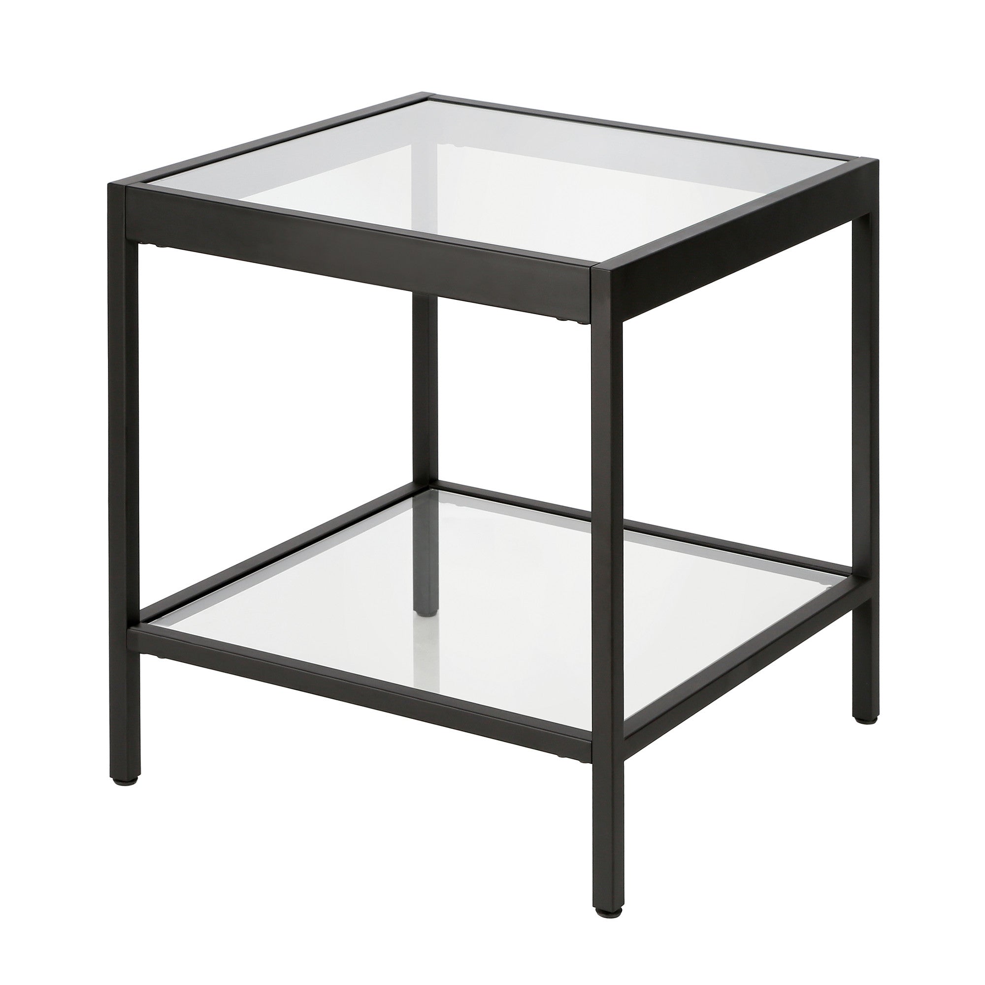 22" Black And Clear Glass And Steel Square End Table With Shelf-End-Side Tables-DECOROLALA
