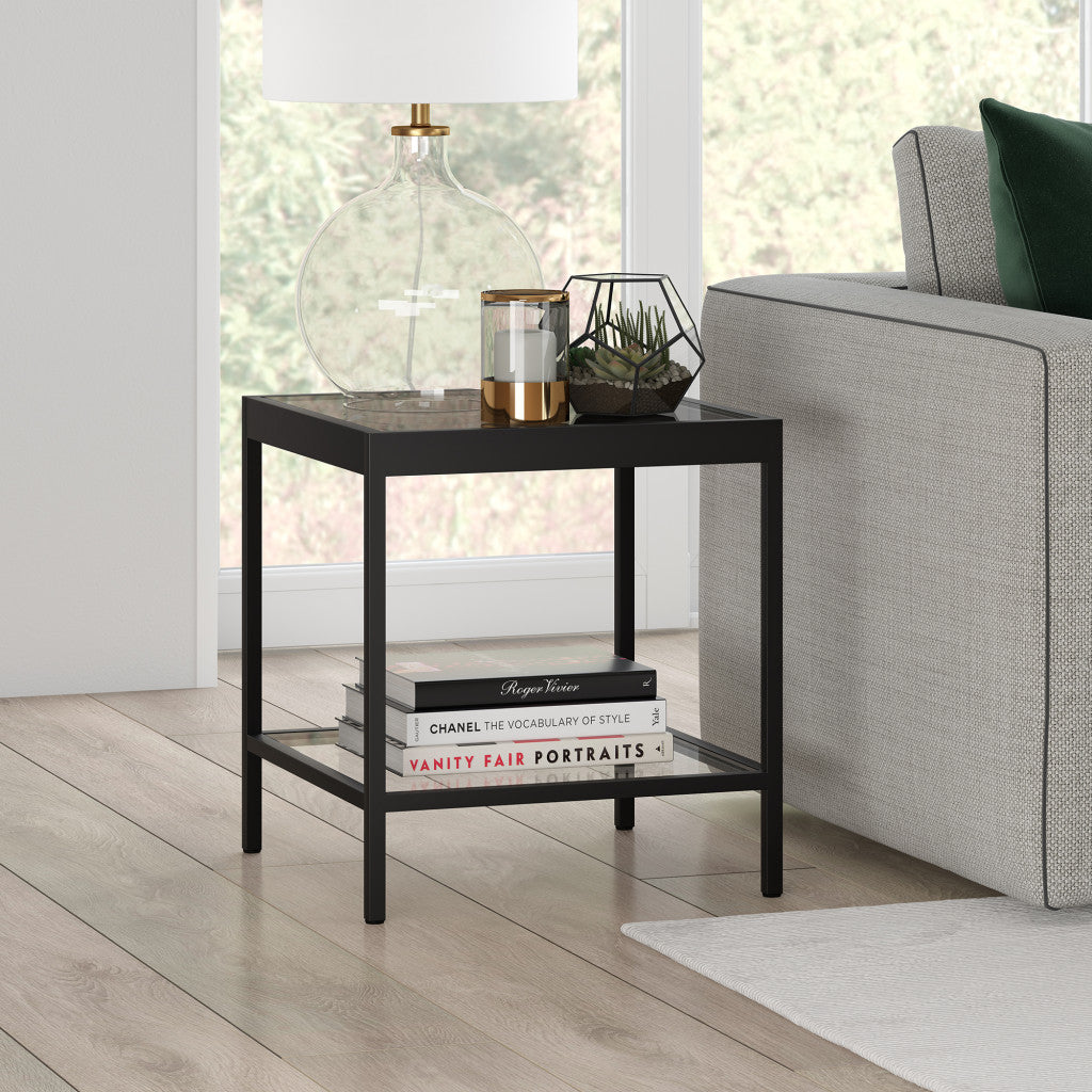 22" Black And Clear Glass And Steel Square End Table With Shelf-End-Side Tables-DECOROLALA