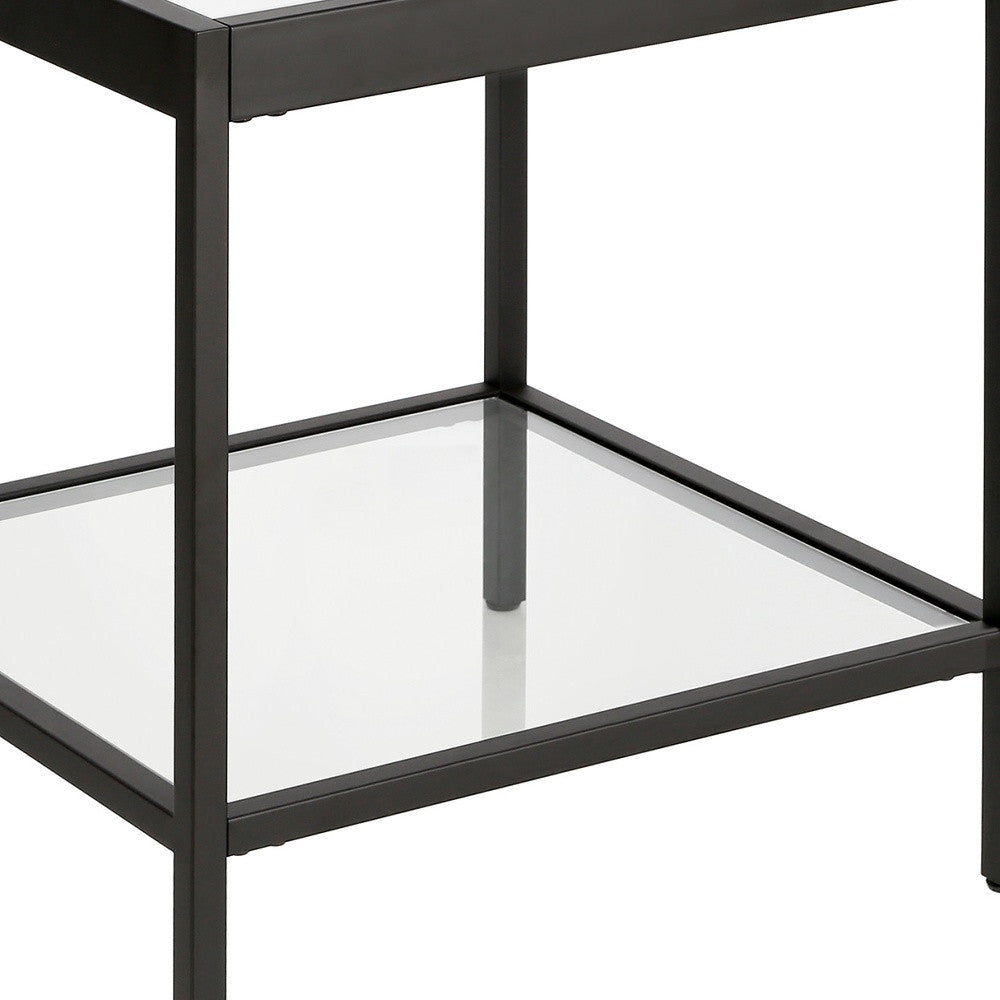 22" Black And Clear Glass And Steel Square End Table With Shelf-End-Side Tables-DECOROLALA