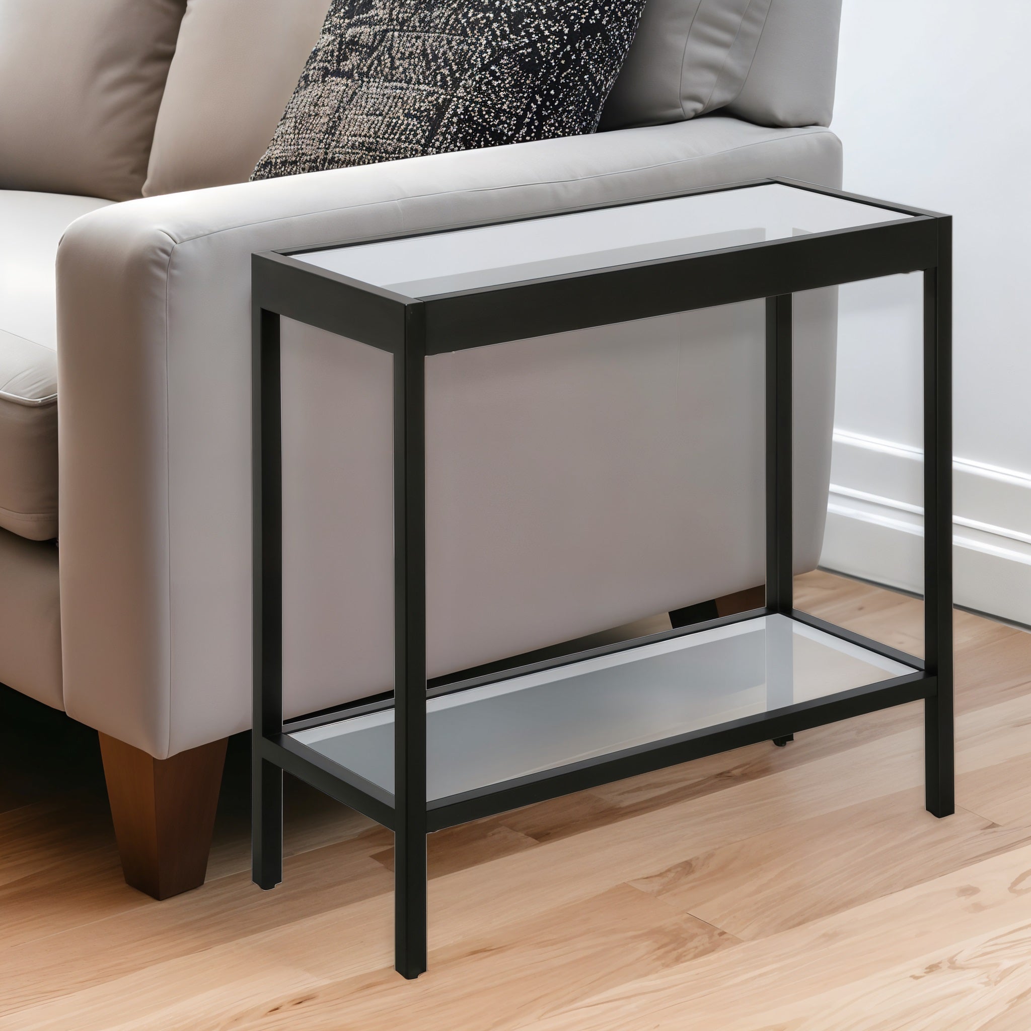 24" Black And Clear Glass And Steel End Table With Shelf-0