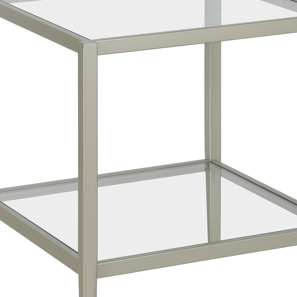 22" Nickel And Clear Glass And Steel Square End Table With Shelf-4