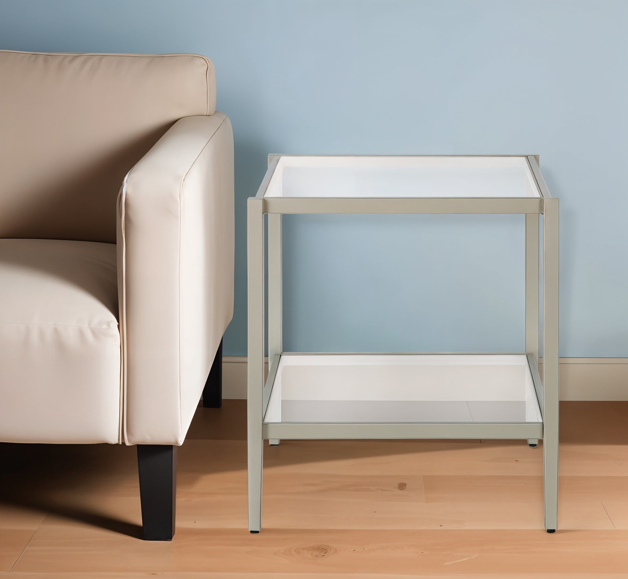 22" Nickel And Clear Glass And Steel Square End Table With Shelf-0