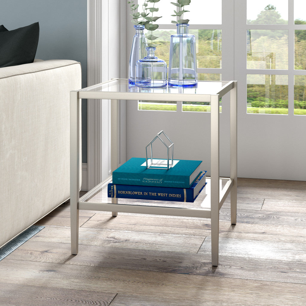 22" Nickel And Clear Glass And Steel Square End Table With Shelf-5