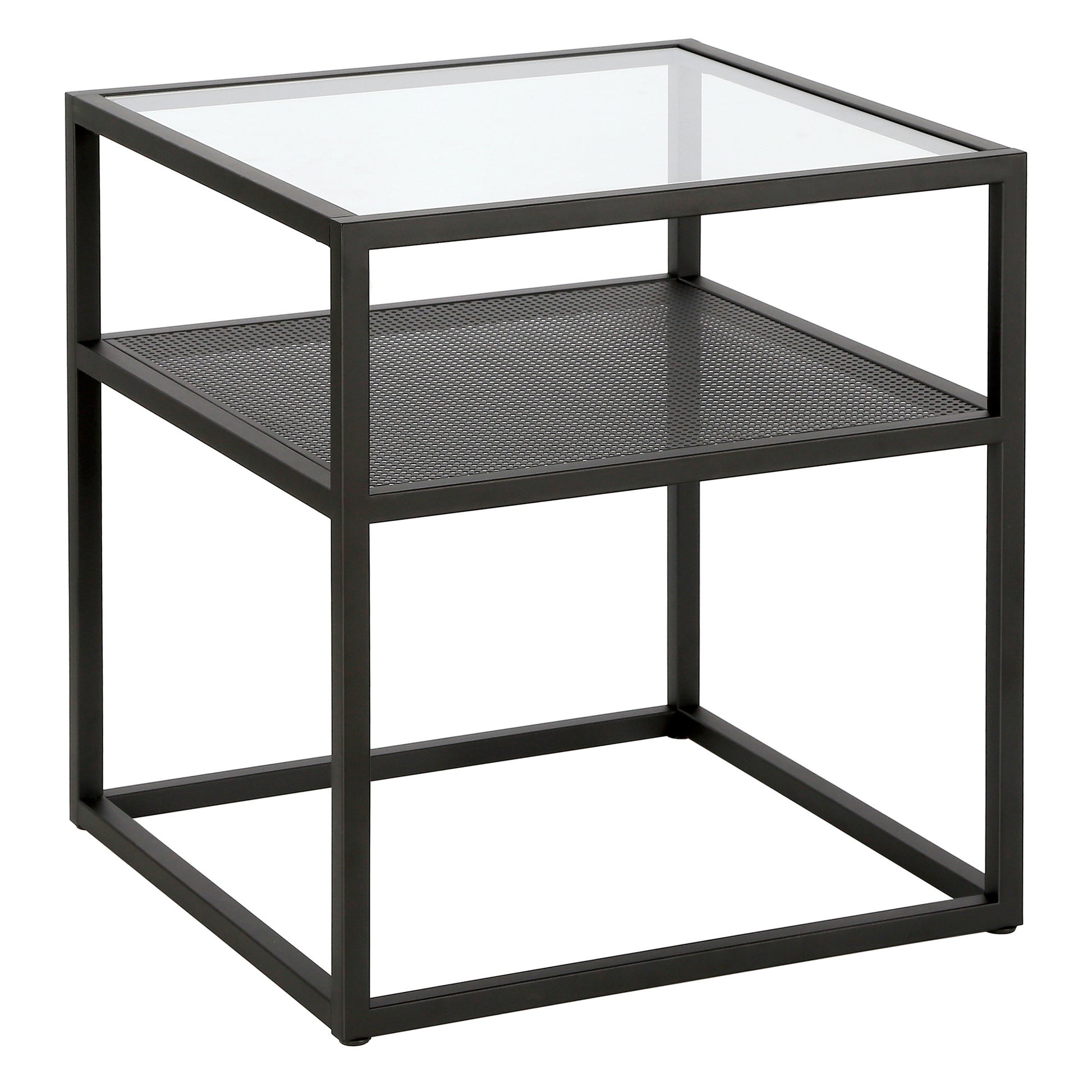 22" Black And Clear Glass And Steel Square End Table With Shelf-End-Side Tables-DECOROLALA
