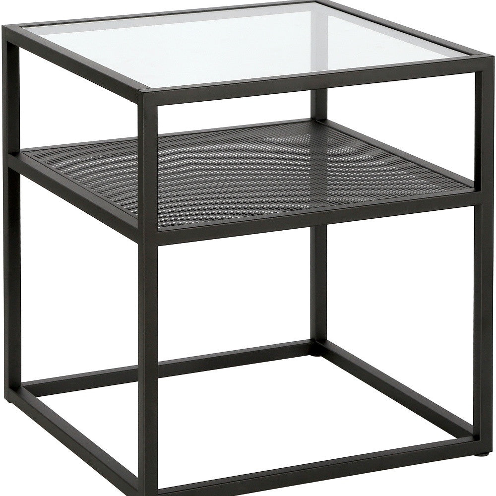22" Black And Clear Glass And Steel Square End Table With Shelf-End-Side Tables-DECOROLALA