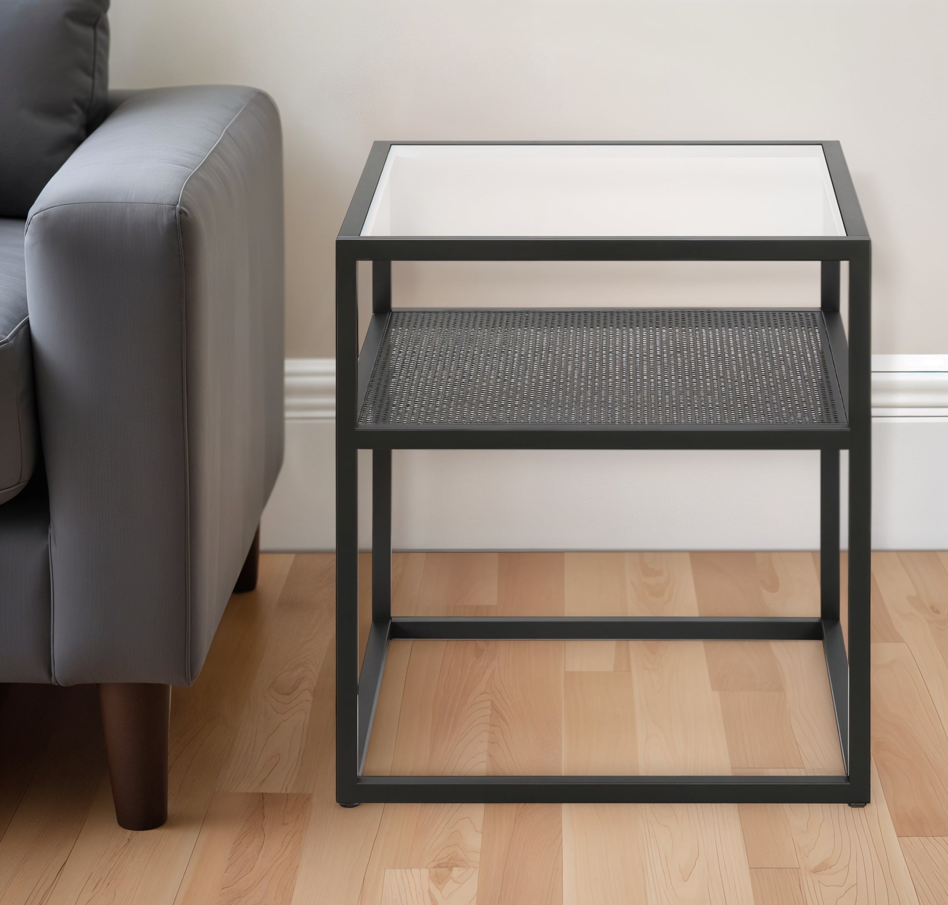 22" Black And Clear Glass And Steel Square End Table With Shelf-End-Side Tables-DECOROLALA
