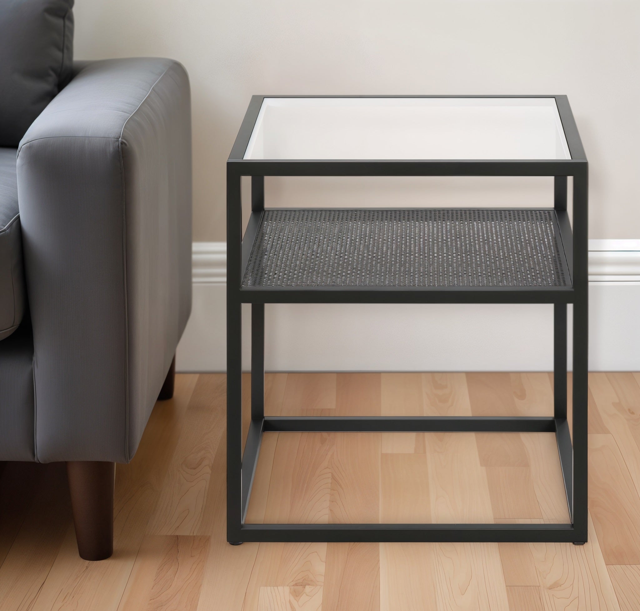 22" Black And Clear Glass And Steel Square End Table With Shelf-End-Side Tables-DECOROLALA