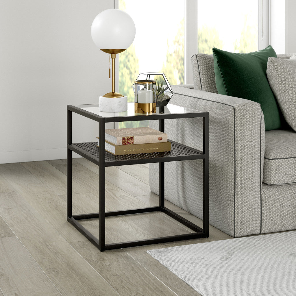 22" Black And Clear Glass And Steel Square End Table With Shelf-End-Side Tables-DECOROLALA