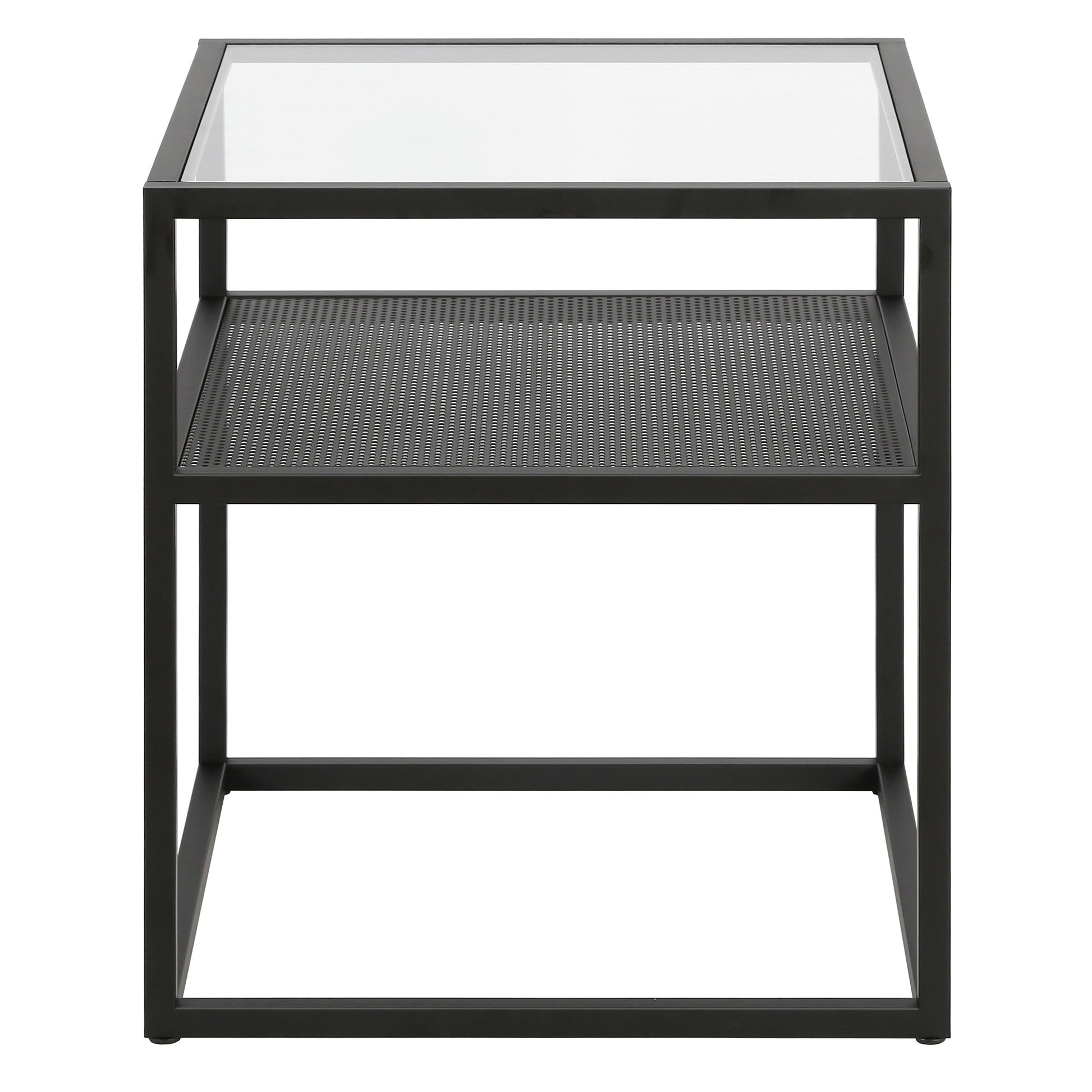 22" Black And Clear Glass And Steel Square End Table With Shelf-End-Side Tables-DECOROLALA