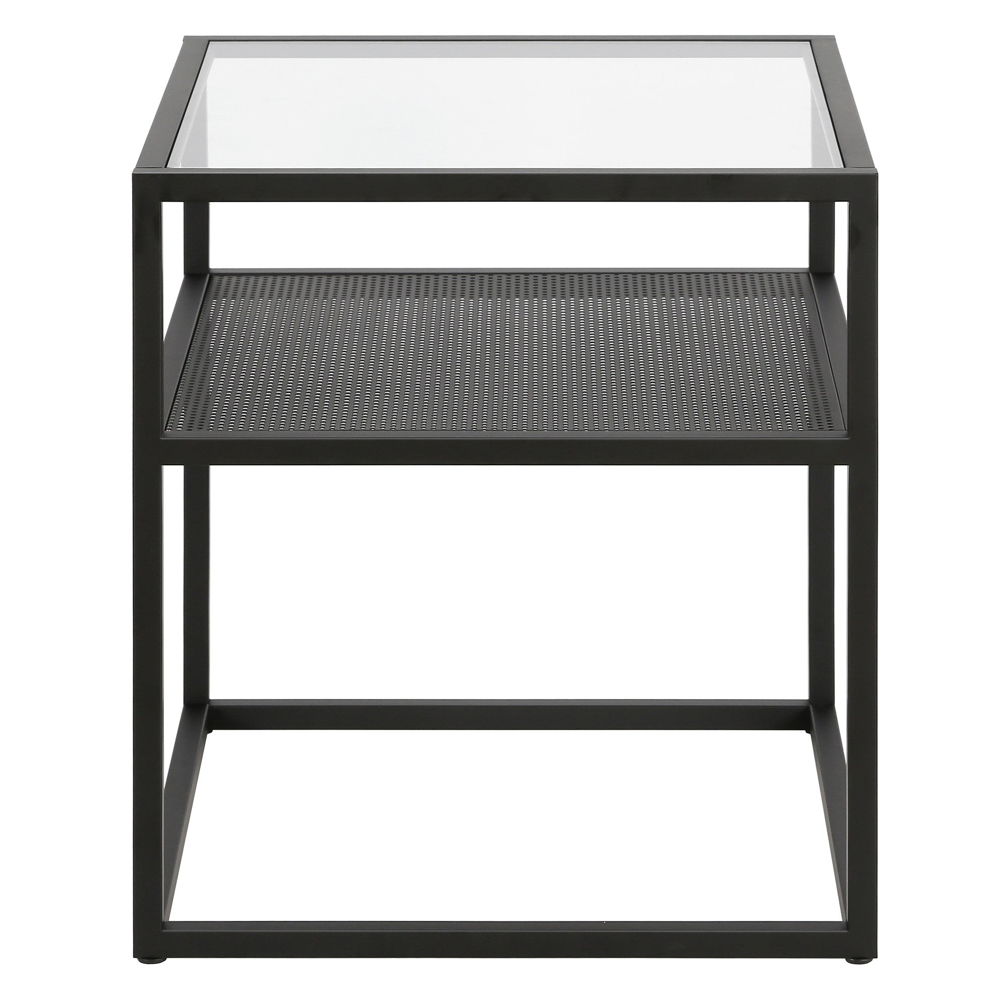 22" Black And Clear Glass And Steel Square End Table With Shelf-End-Side Tables-DECOROLALA