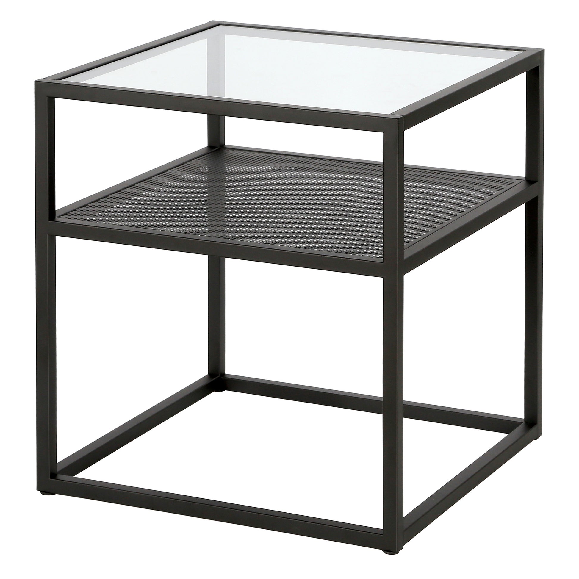 22" Black And Clear Glass And Steel Square End Table With Shelf-End-Side Tables-DECOROLALA