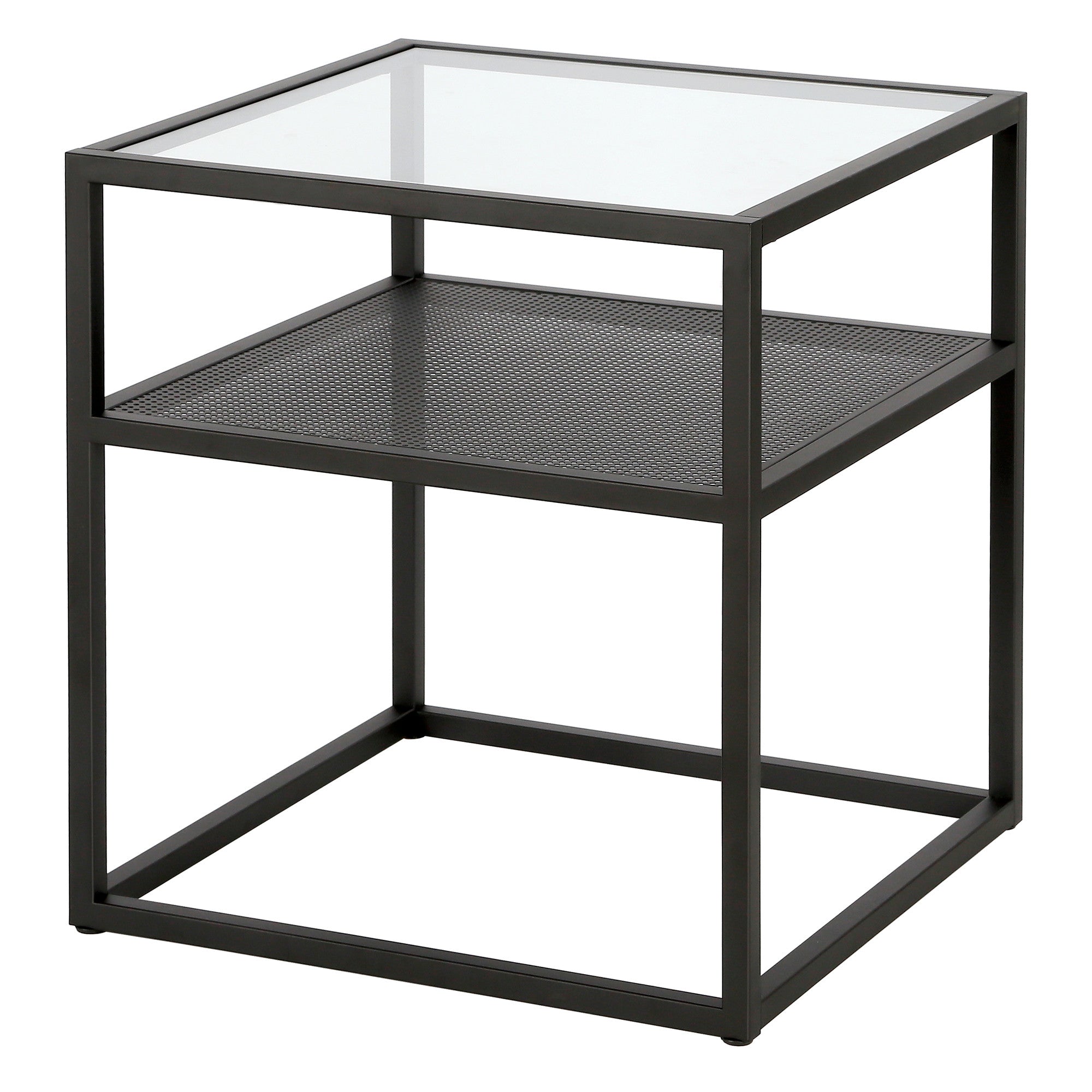 22" Black And Clear Glass And Steel Square End Table With Shelf-End-Side Tables-DECOROLALA
