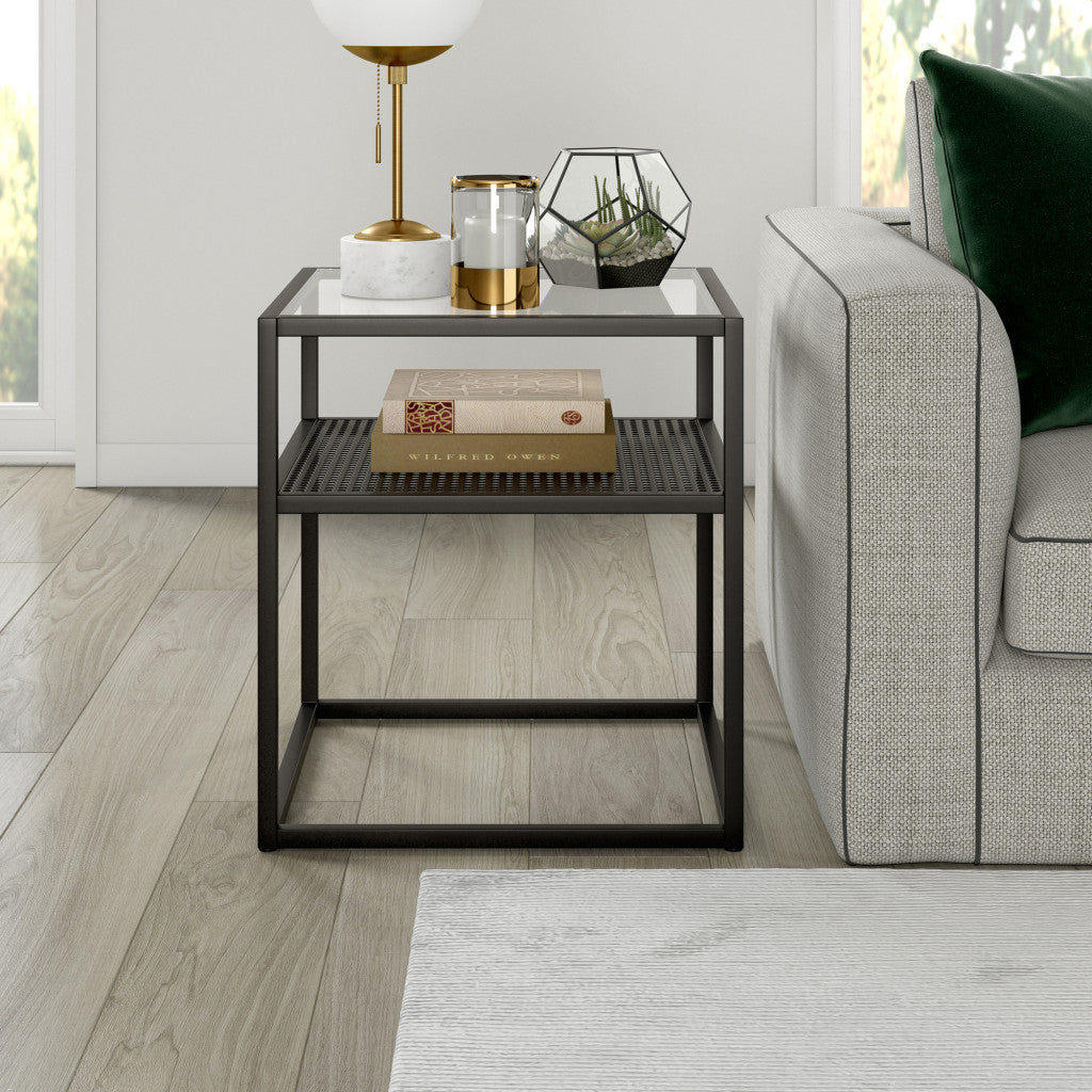 22" Black And Clear Glass And Steel Square End Table With Shelf-End-Side Tables-DECOROLALA