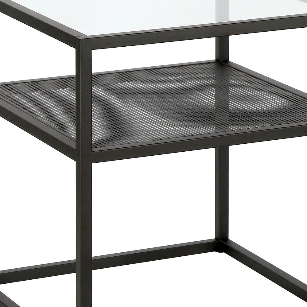 22" Black And Clear Glass And Steel Square End Table With Shelf-End-Side Tables-DECOROLALA