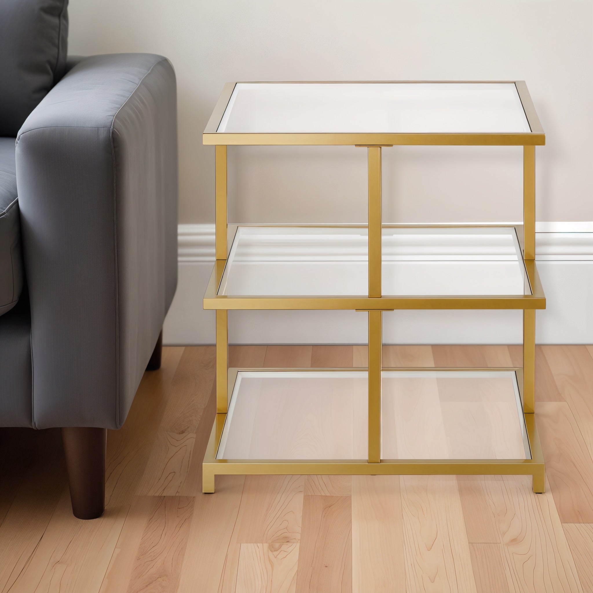 24" Brass And Clear Glass And Steel Square End Table With Two Shelves-0