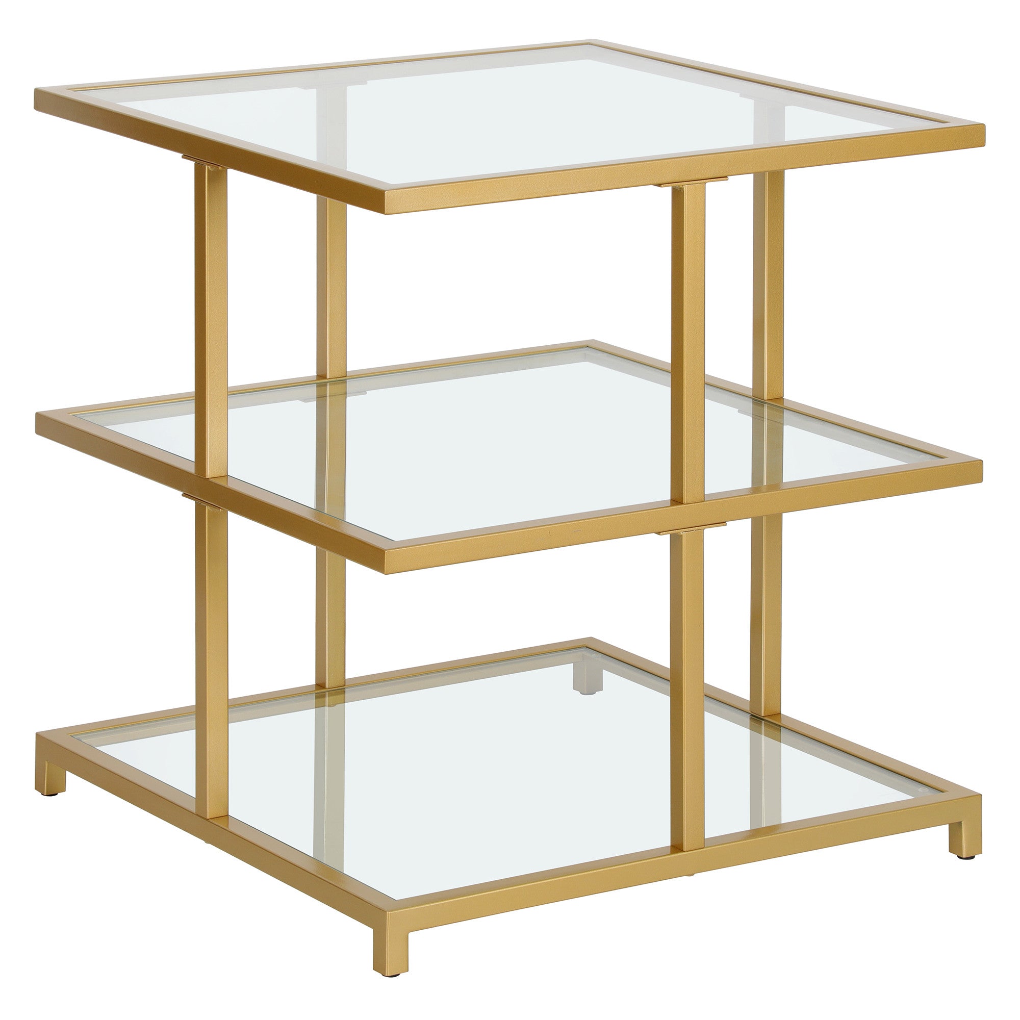 24" Brass And Clear Glass And Steel Square End Table With Two Shelves-1