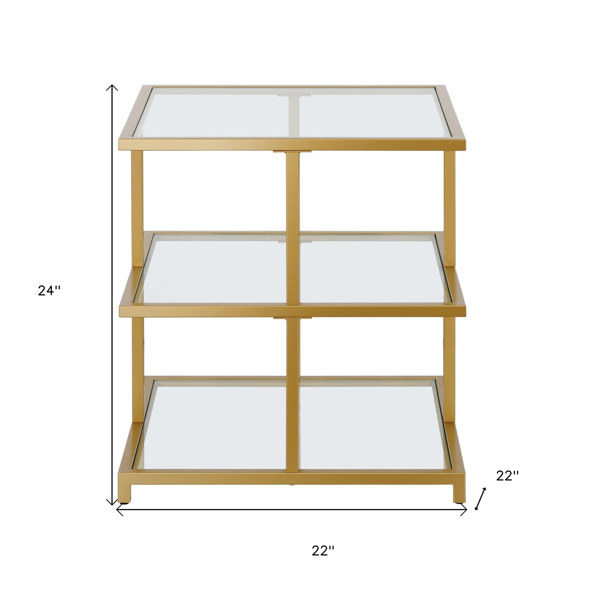24" Brass And Clear Glass And Steel Square End Table With Two Shelves-6