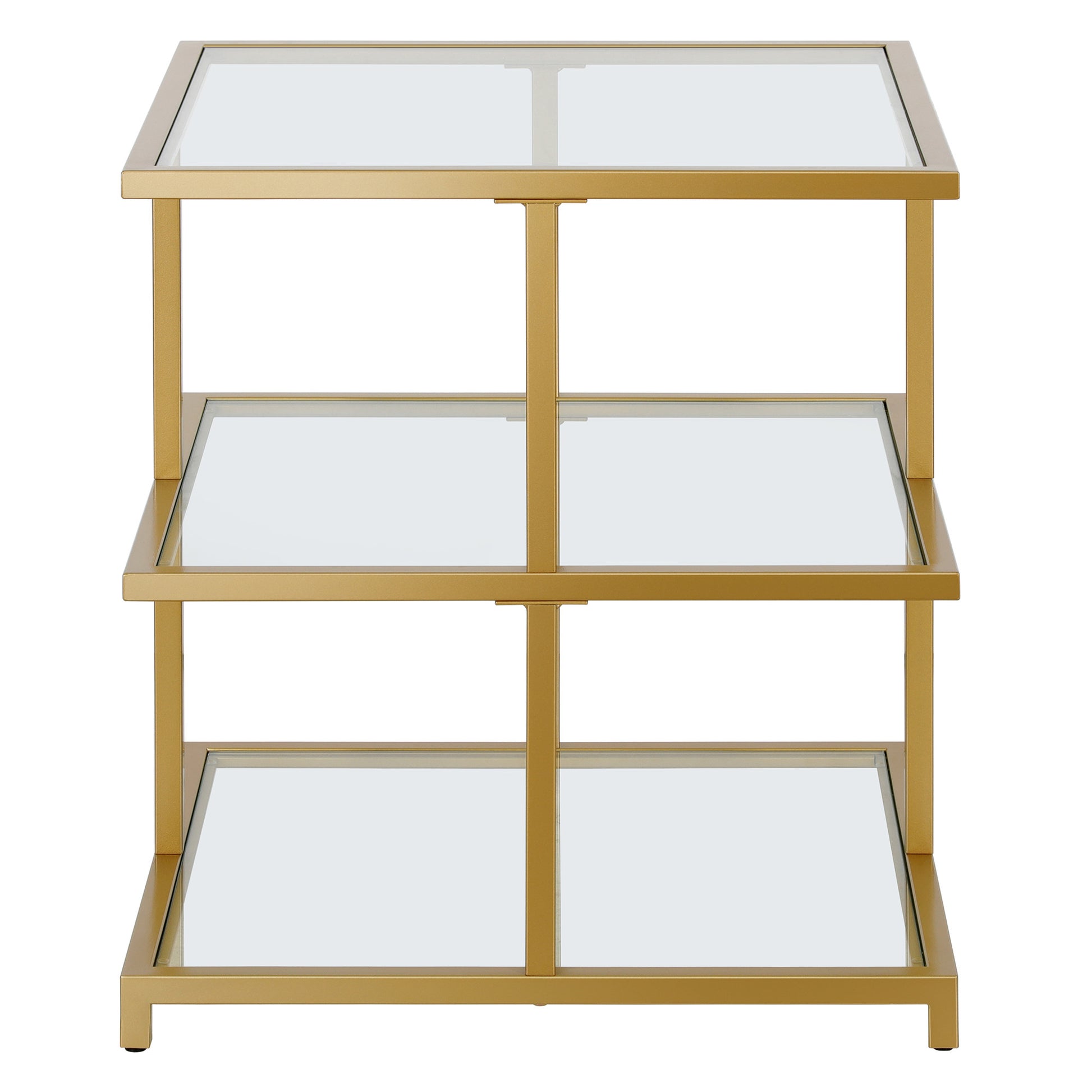 24" Brass And Clear Glass And Steel Square End Table With Two Shelves-2
