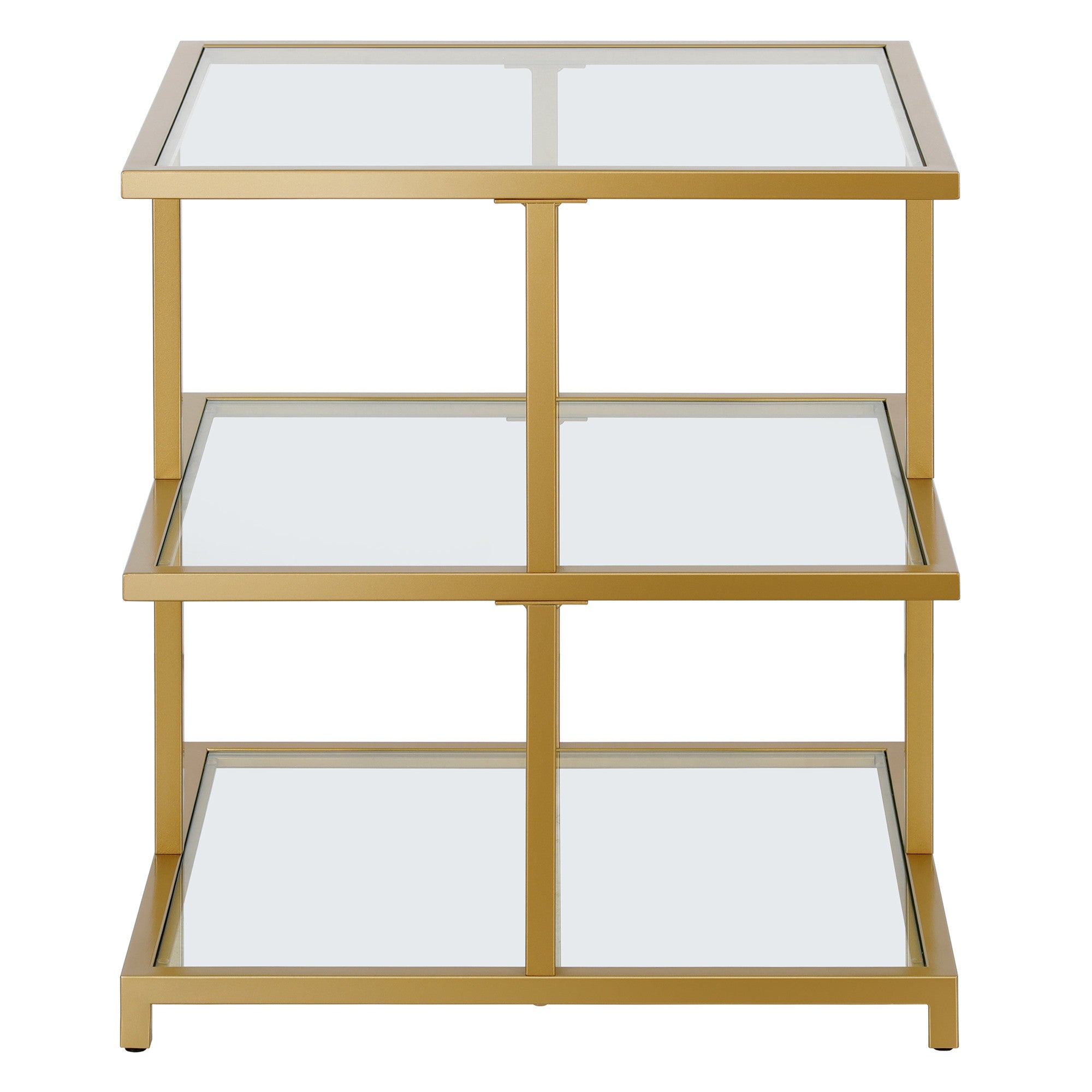 24" Brass And Clear Glass And Steel Square End Table With Two Shelves-2