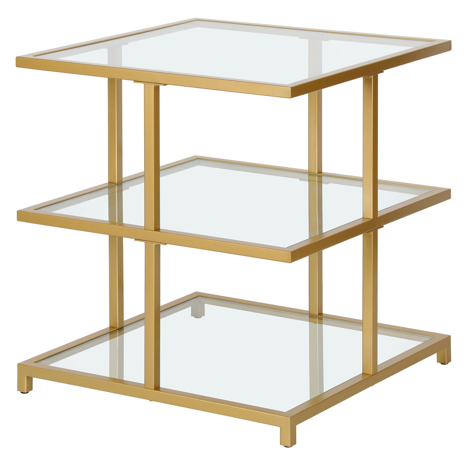 24" Brass And Clear Glass And Steel Square End Table With Two Shelves-3