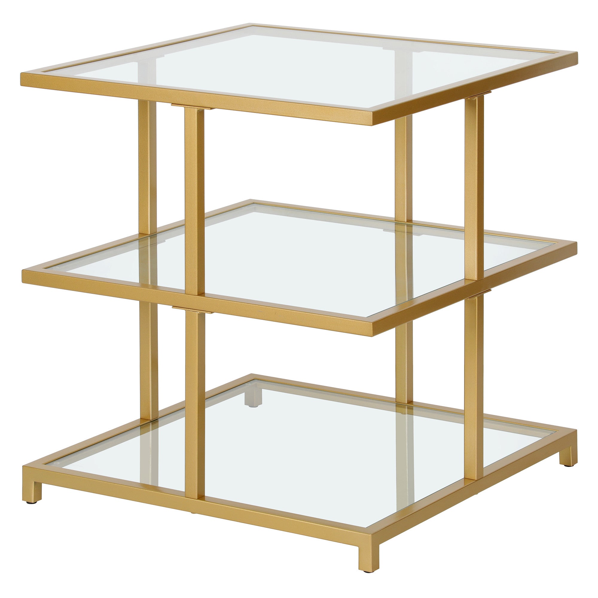 24" Brass And Clear Glass And Steel Square End Table With Two Shelves-3