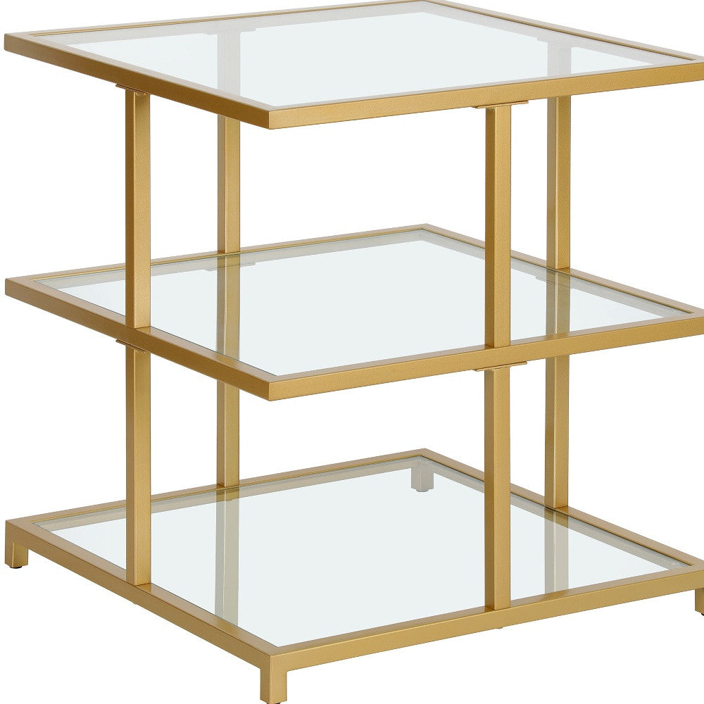 24" Brass And Clear Glass And Steel Square End Table With Two Shelves-5