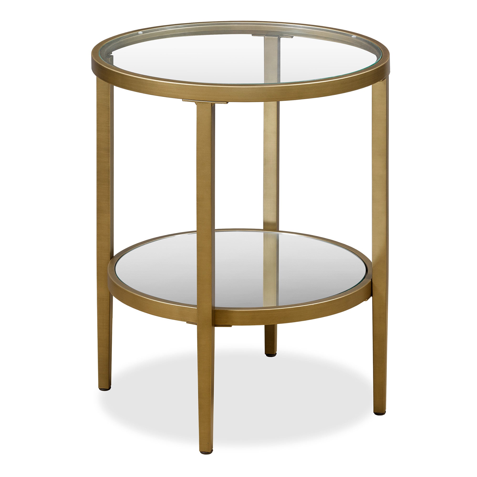 24" Antiqued Brass And Clear Glass And Steel Round Mirrored End Table With Shelf-End-Side Tables-DECOROLALA