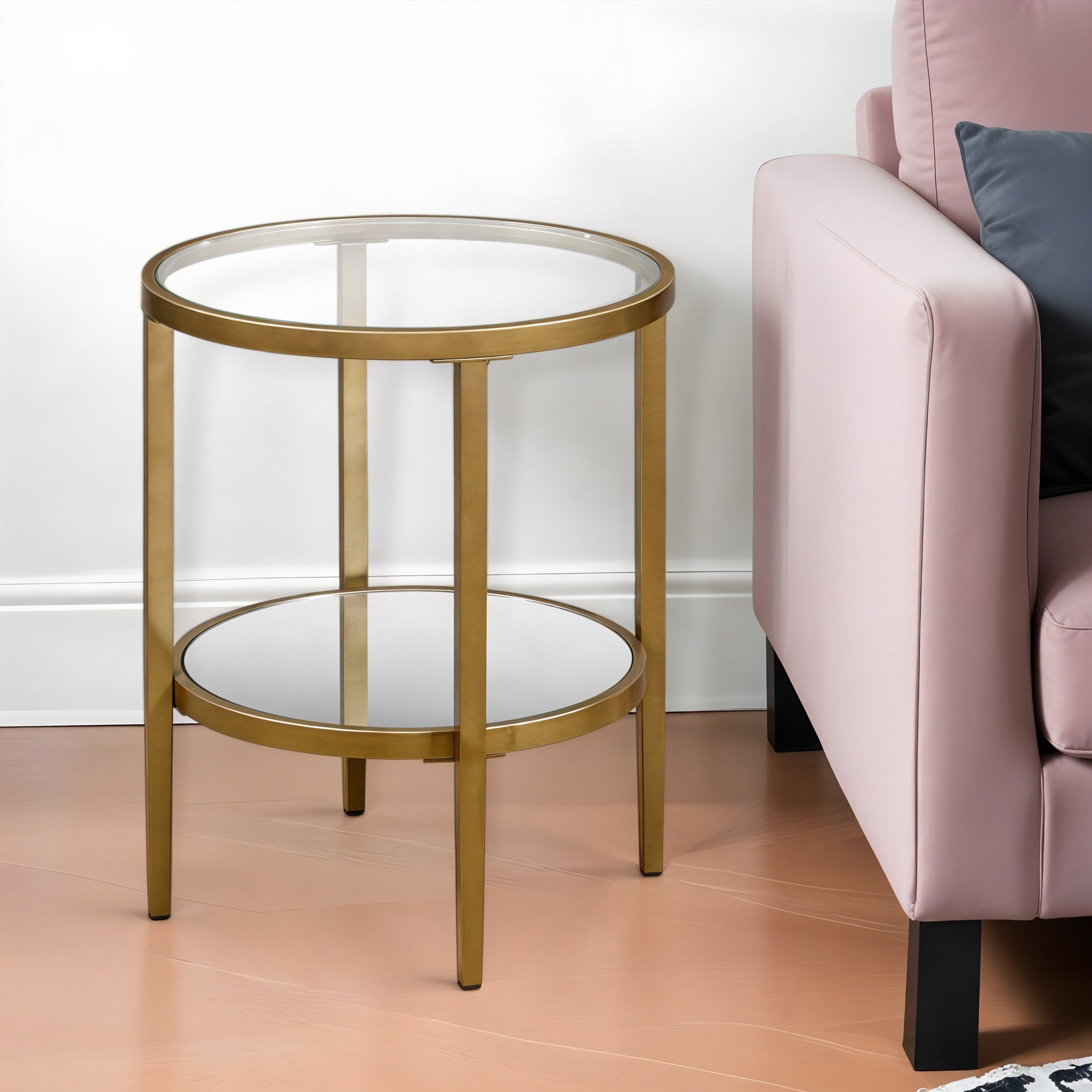 24" Antiqued Brass And Clear Glass And Steel Round Mirrored End Table With Shelf-End-Side Tables-DECOROLALA