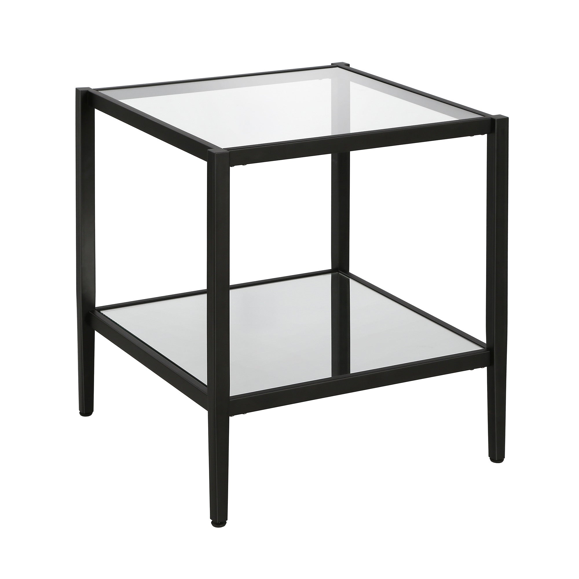 22" Black And Clear Glass And Steel Square Mirrored End Table With Shelf-1