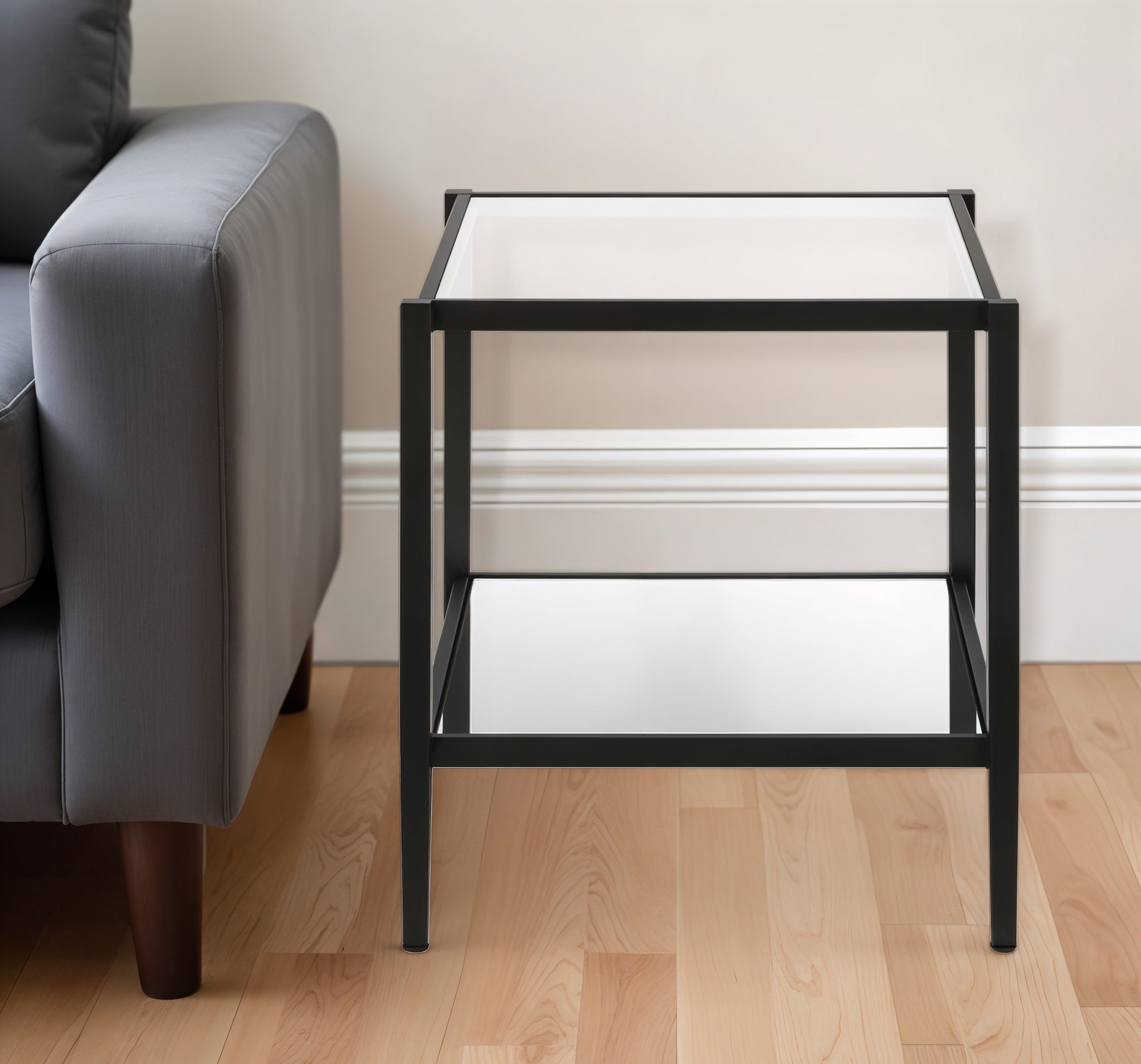 22" Black And Clear Glass And Steel Square Mirrored End Table With Shelf-0