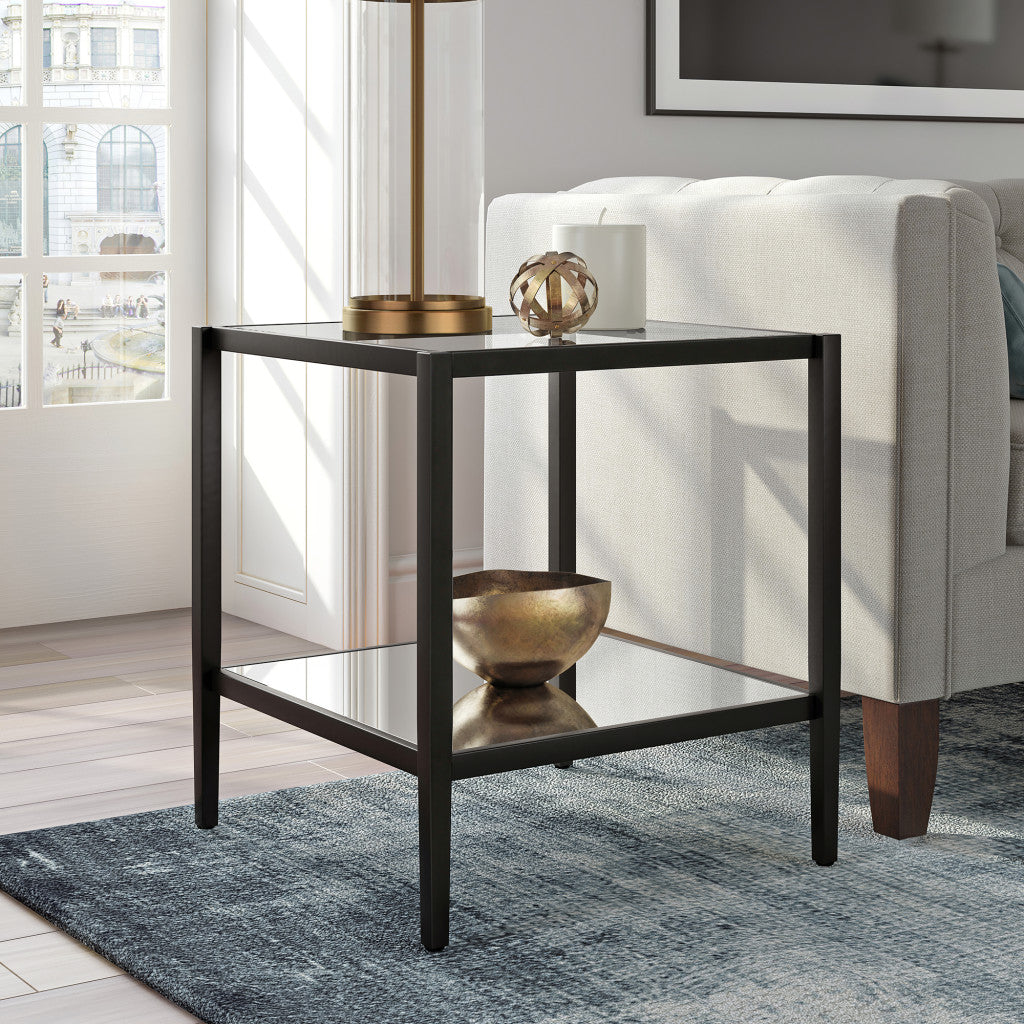 22" Black And Clear Glass And Steel Square Mirrored End Table With Shelf-6