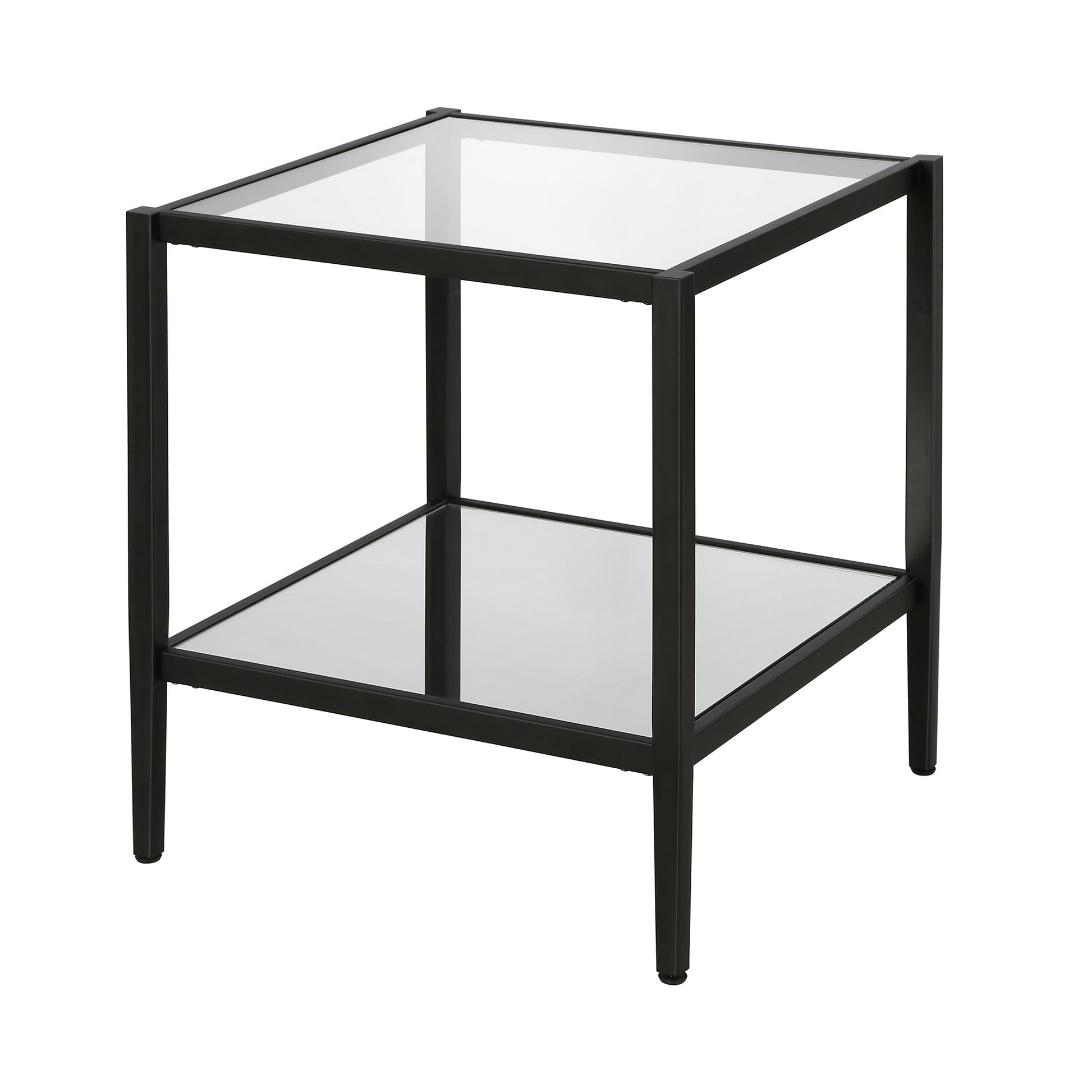 22" Black And Clear Glass And Steel Square Mirrored End Table With Shelf-3