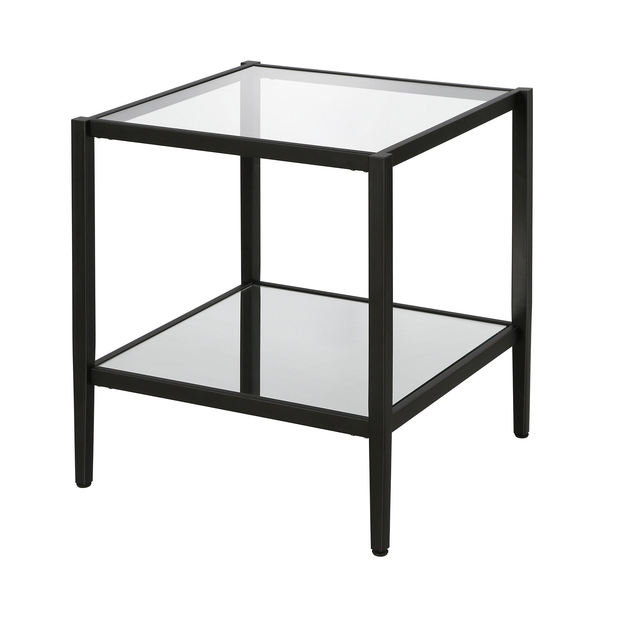 22" Black And Clear Glass And Steel Square Mirrored End Table With Shelf-3