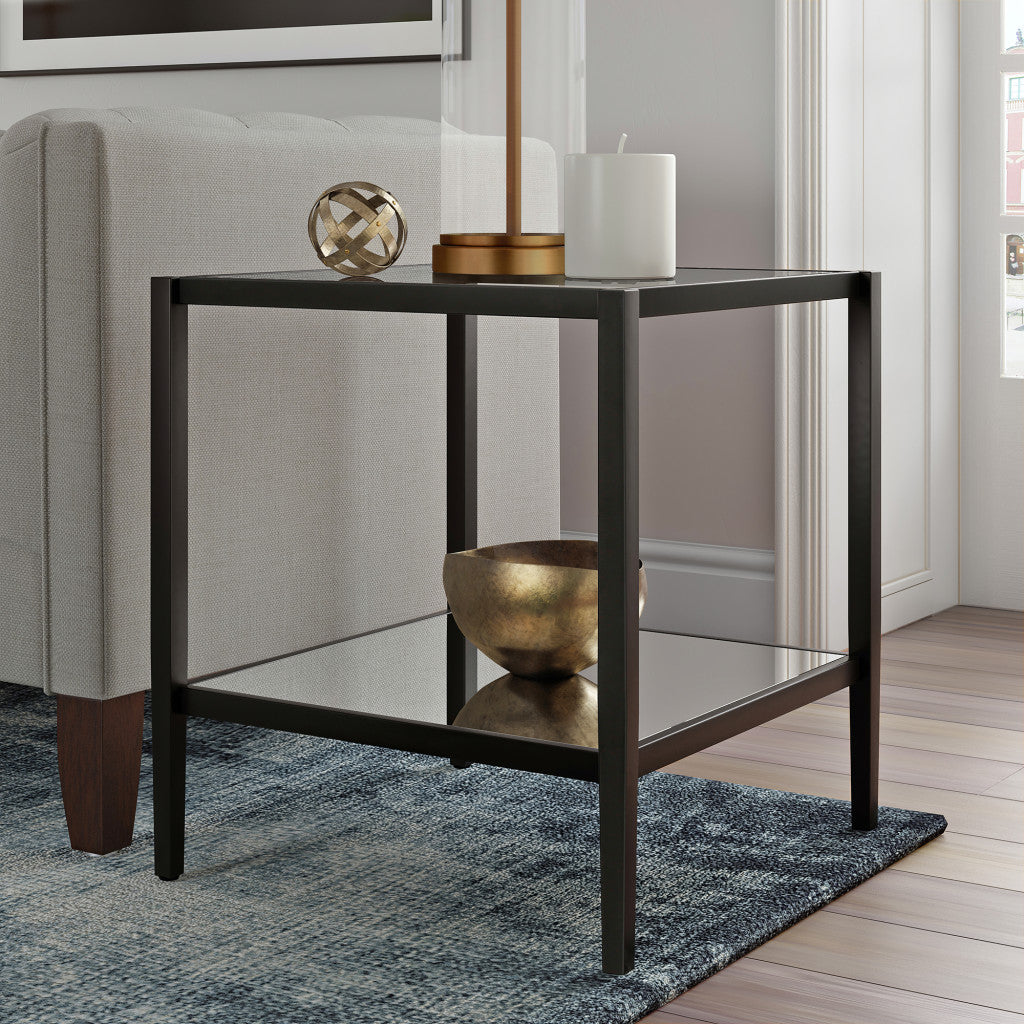 22" Black And Clear Glass And Steel Square Mirrored End Table With Shelf-7