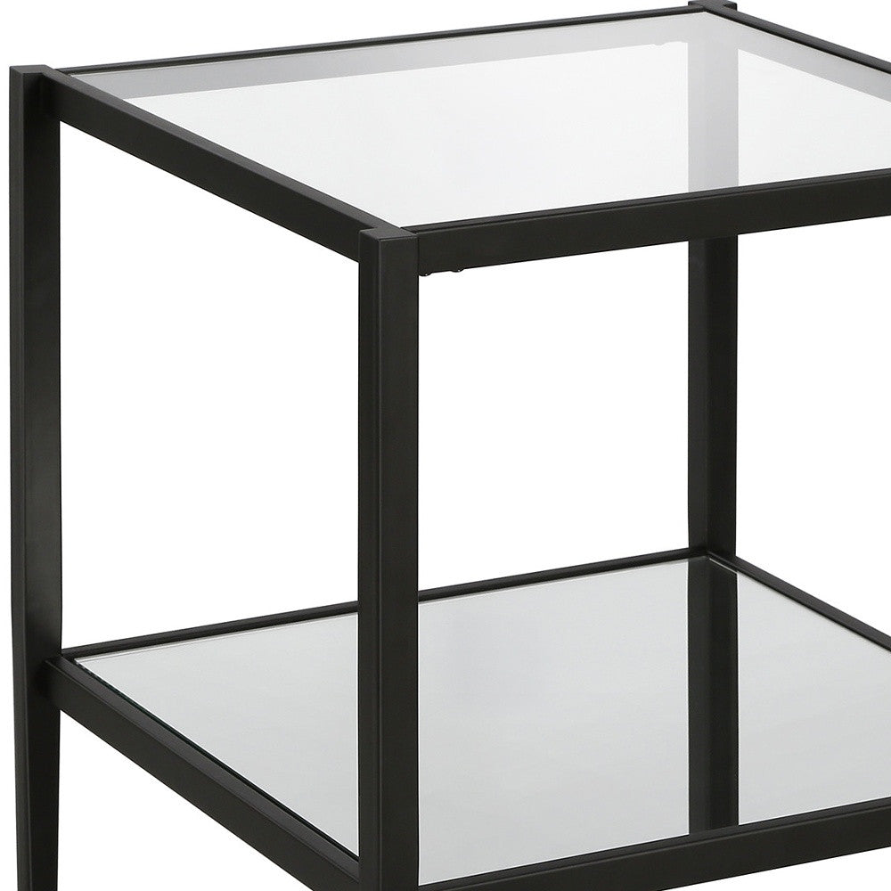 22" Black And Clear Glass And Steel Square Mirrored End Table With Shelf-4