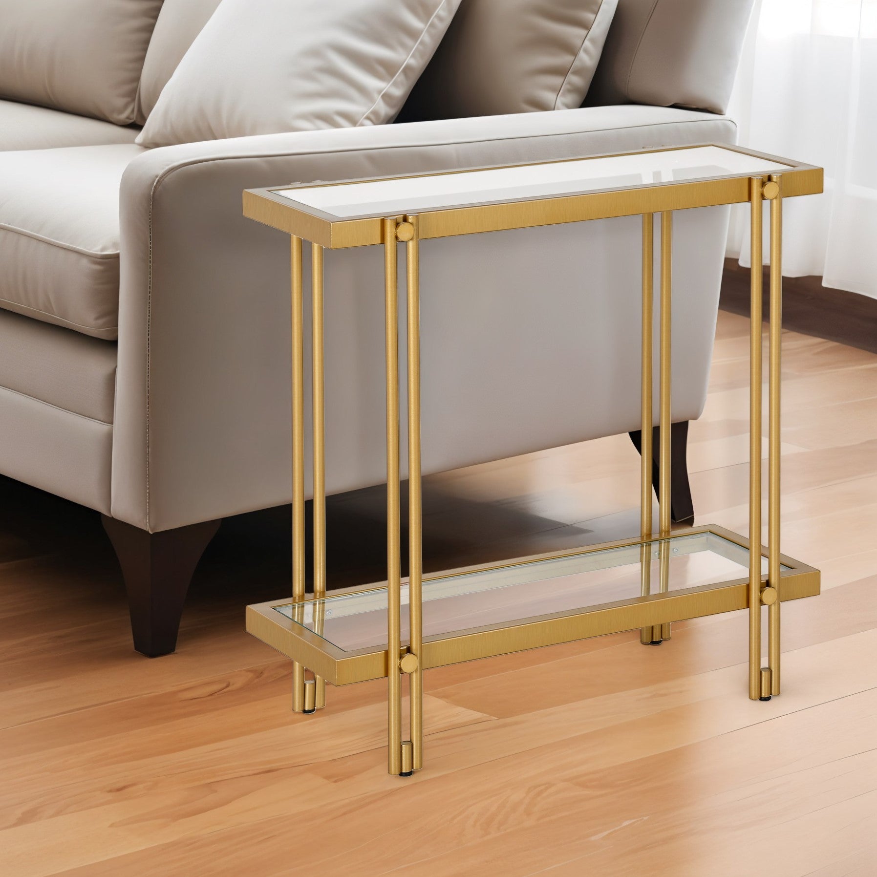 24" Brass And Clear Glass And Steel End Table With Shelf-0
