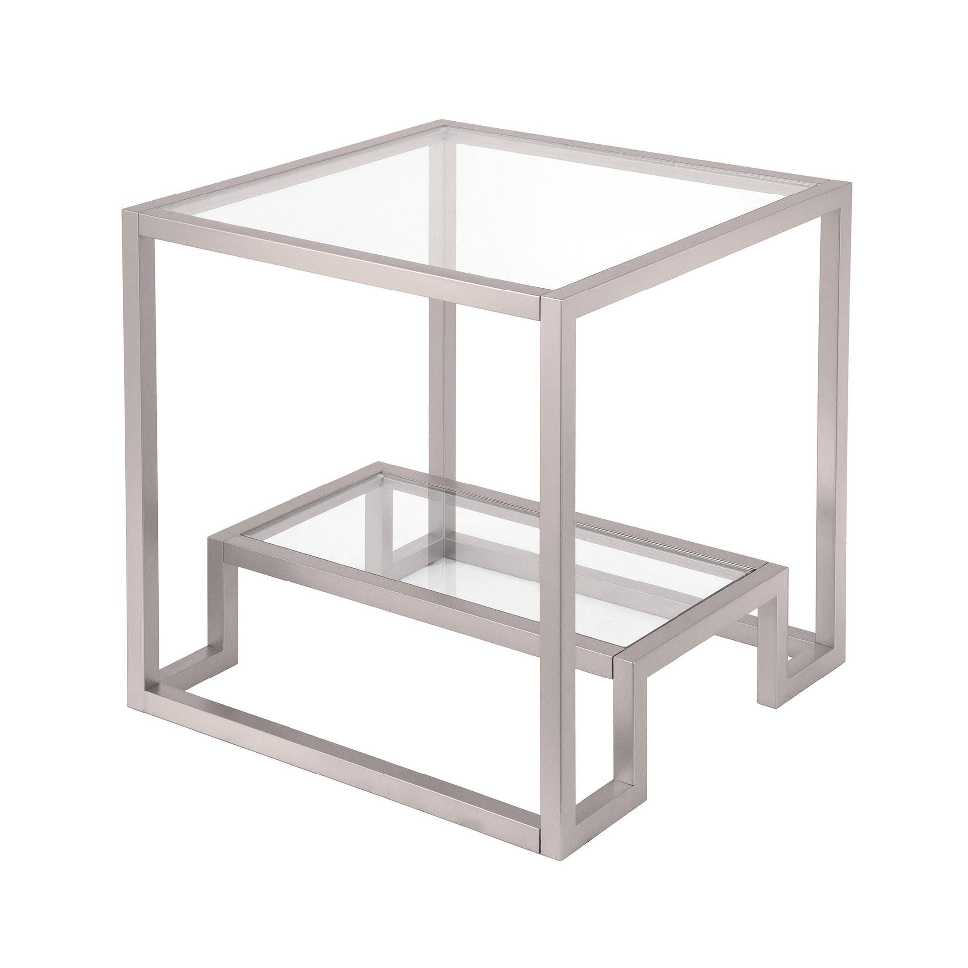 22" Nickel And Clear Glass And Steel Square End Table With Shelf-End-Side Tables-DECOROLALA