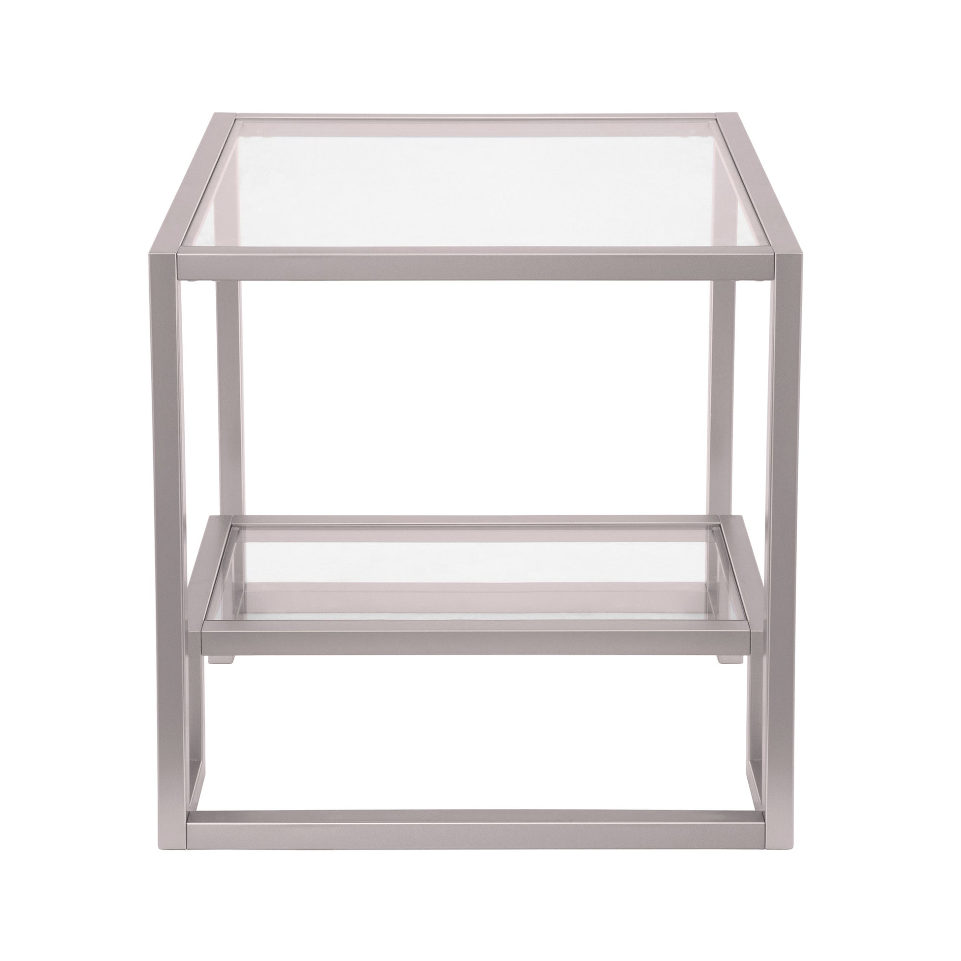 22" Nickel And Clear Glass And Steel Square End Table With Shelf-End-Side Tables-DECOROLALA