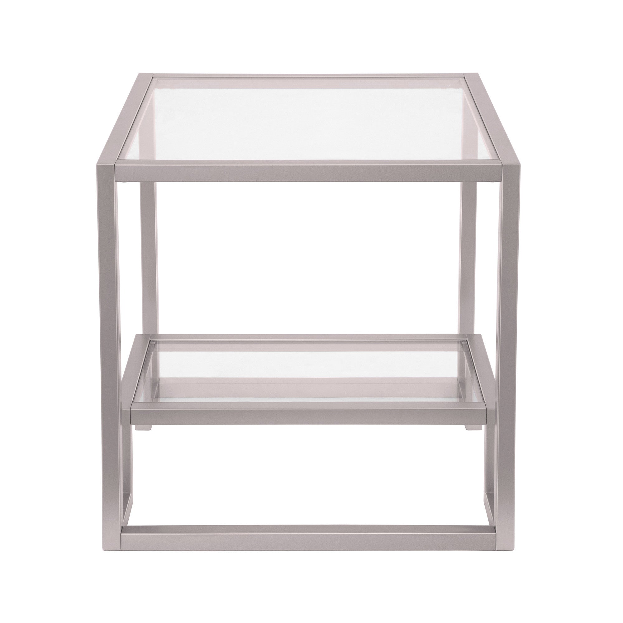 22" Nickel And Clear Glass And Steel Square End Table With Shelf-End-Side Tables-DECOROLALA
