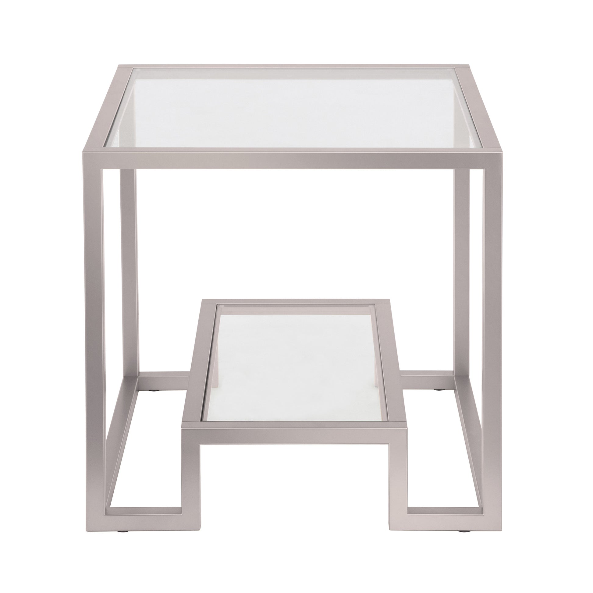 22" Nickel And Clear Glass And Steel Square End Table With Shelf-End-Side Tables-DECOROLALA