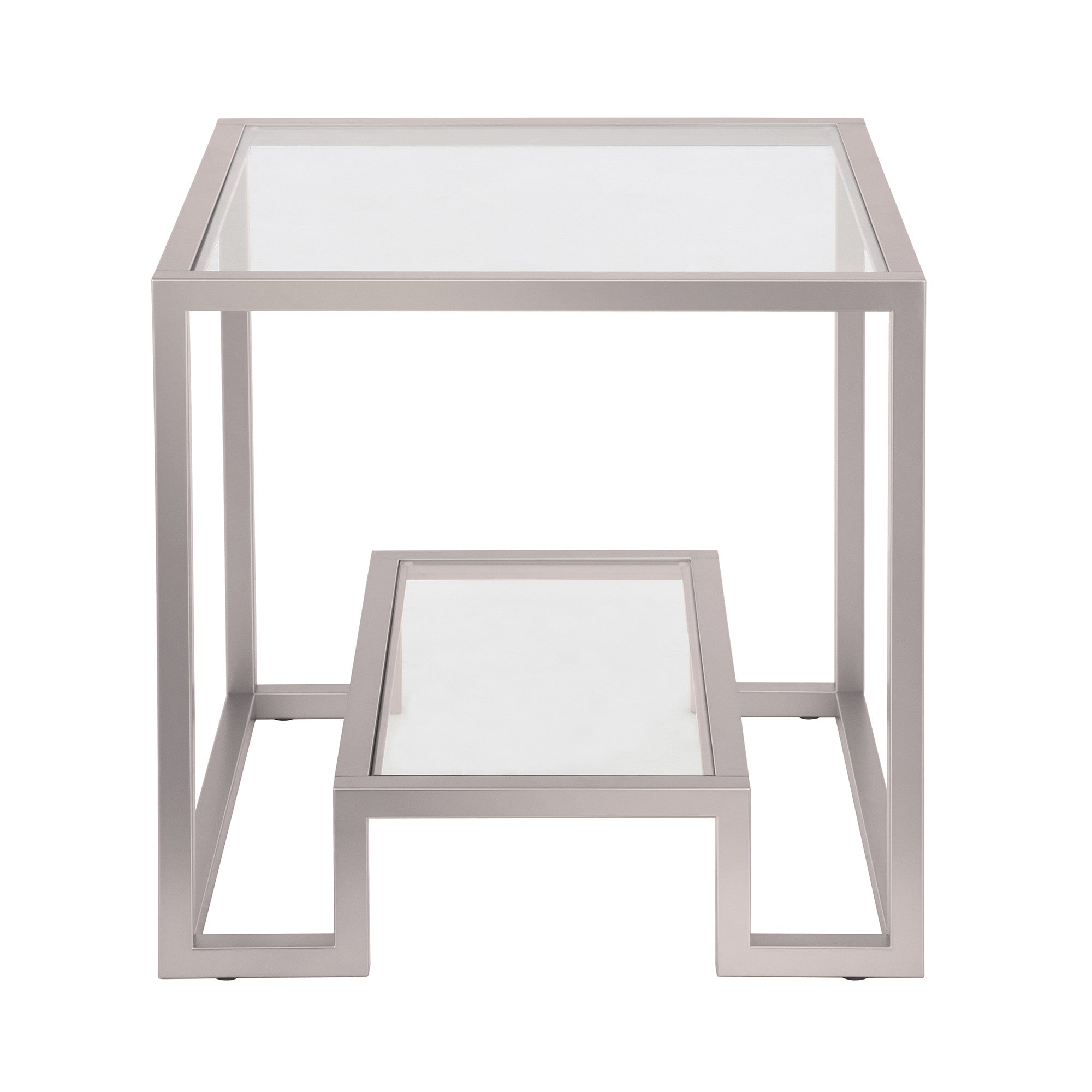 22" Nickel And Clear Glass And Steel Square End Table With Shelf-End-Side Tables-DECOROLALA
