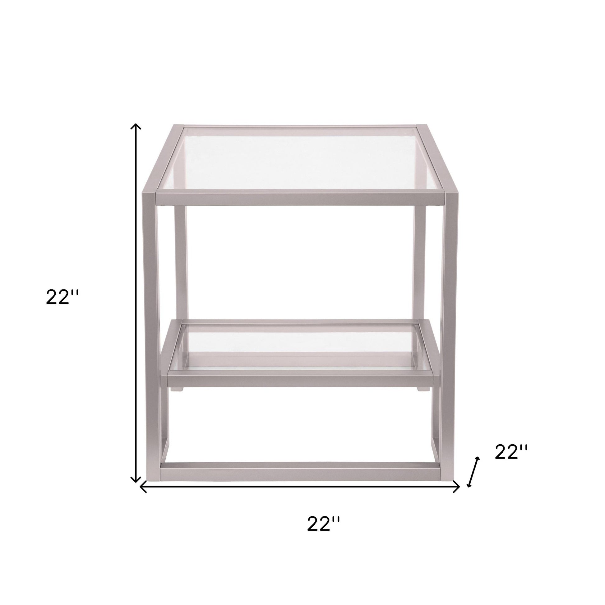 22" Nickel And Clear Glass And Steel Square End Table With Shelf-End-Side Tables-DECOROLALA