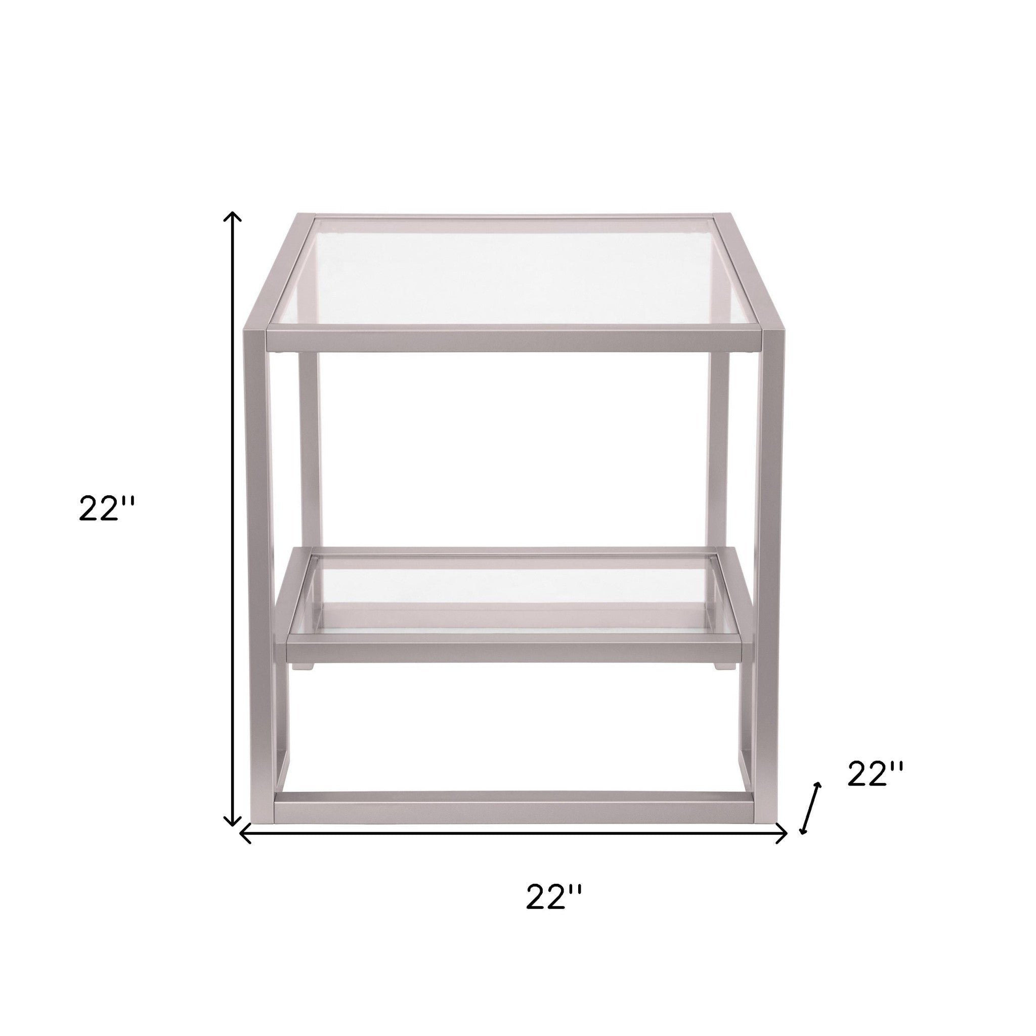 22" Nickel And Clear Glass And Steel Square End Table With Shelf-End-Side Tables-DECOROLALA