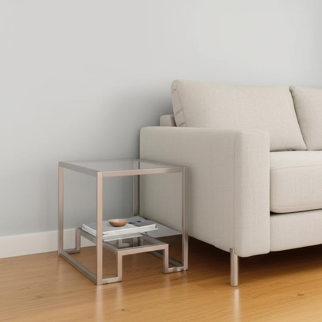 22" Nickel And Clear Glass And Steel Square End Table With Shelf-End-Side Tables-DECOROLALA