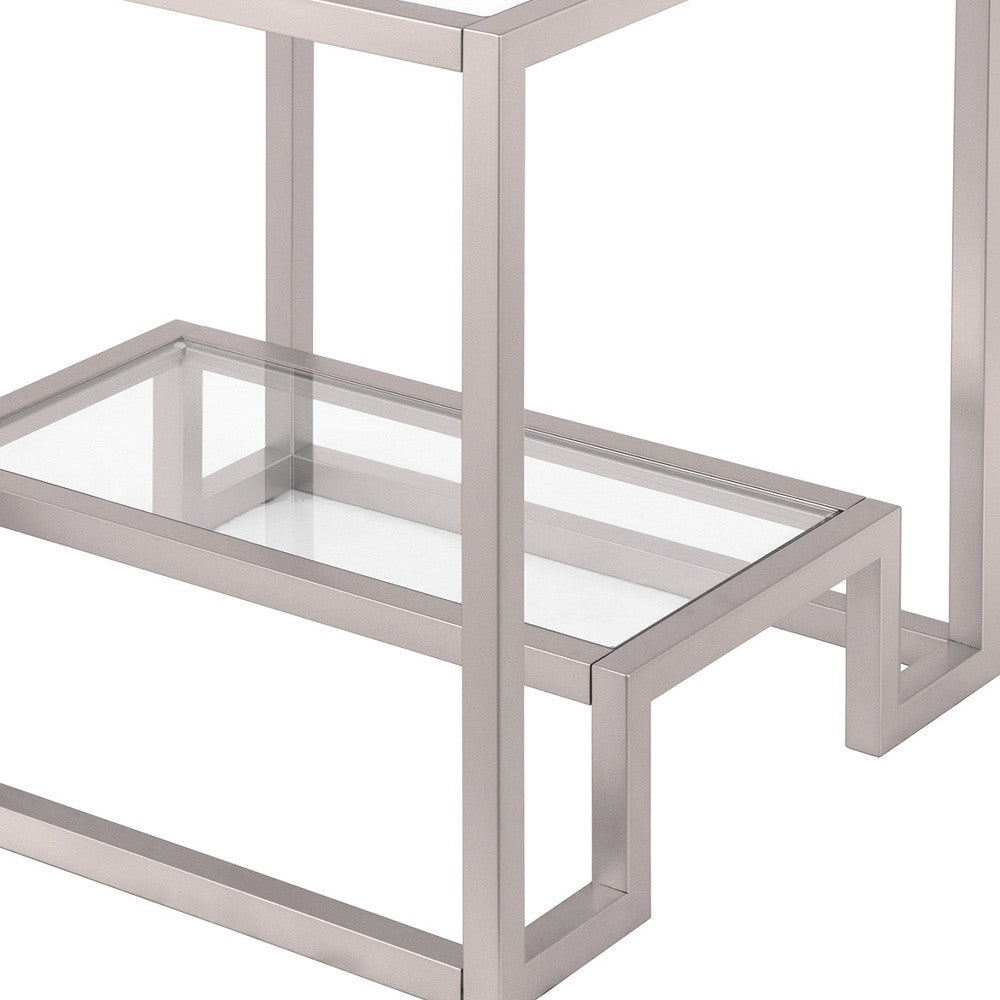 22" Nickel And Clear Glass And Steel Square End Table With Shelf-End-Side Tables-DECOROLALA