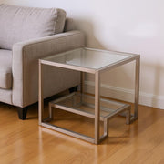 22" Nickel And Clear Glass And Steel Square End Table With Shelf-End-Side Tables-DECOROLALA