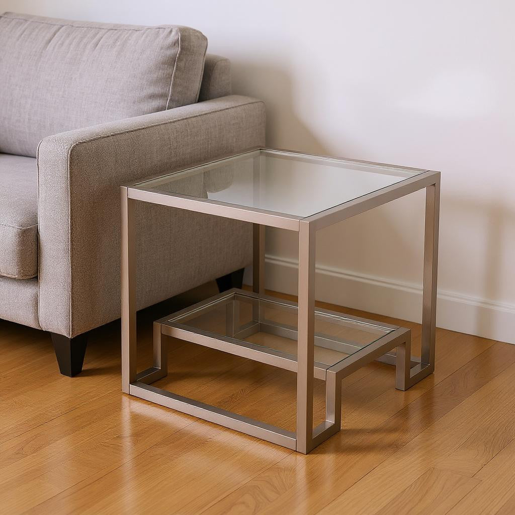 22" Nickel And Clear Glass And Steel Square End Table With Shelf-End-Side Tables-DECOROLALA