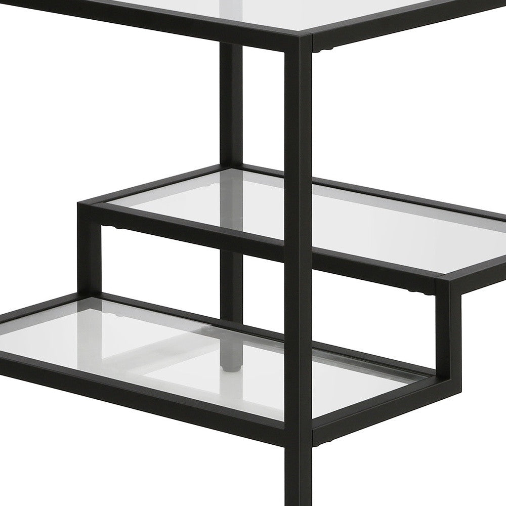 22" Black And Clear Glass And Steel Square End Table With Two Shelves-5